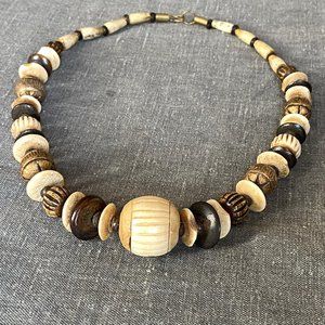 Tribal Hand-carved Bone & Wood Beaded Necklace